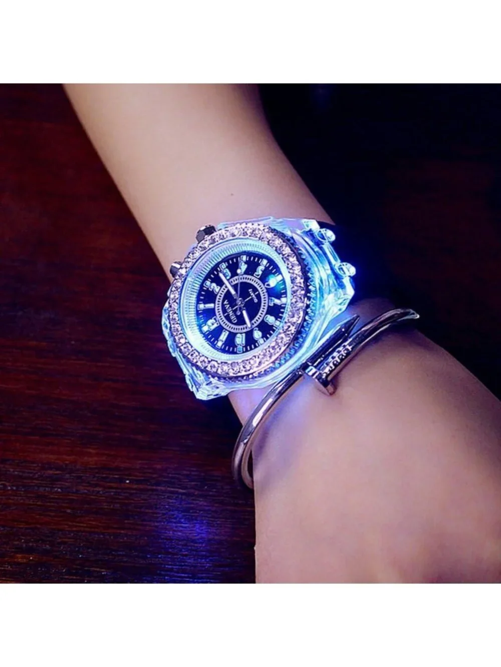Women's Black Analog Silicone Bling LED Luminous Lights Sport Square Wrist Watch